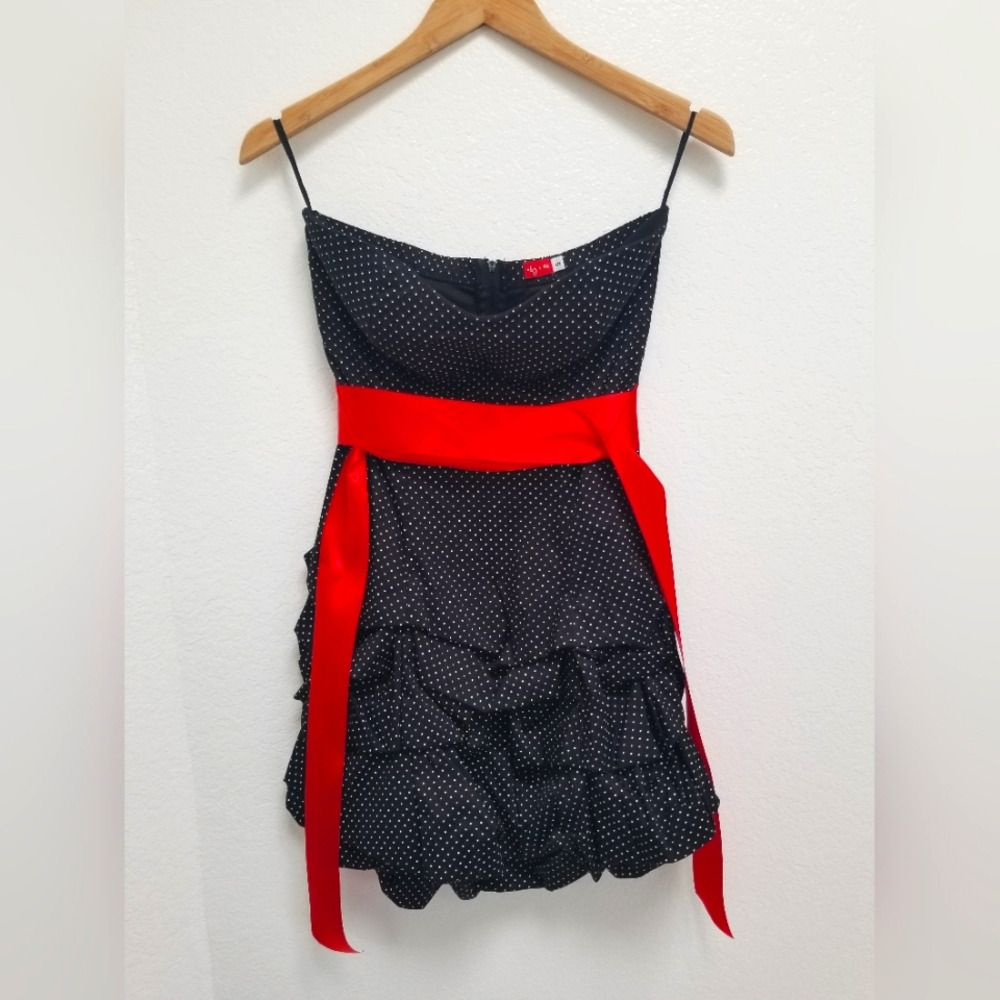 Polka dot black, strapless, dress, size 5